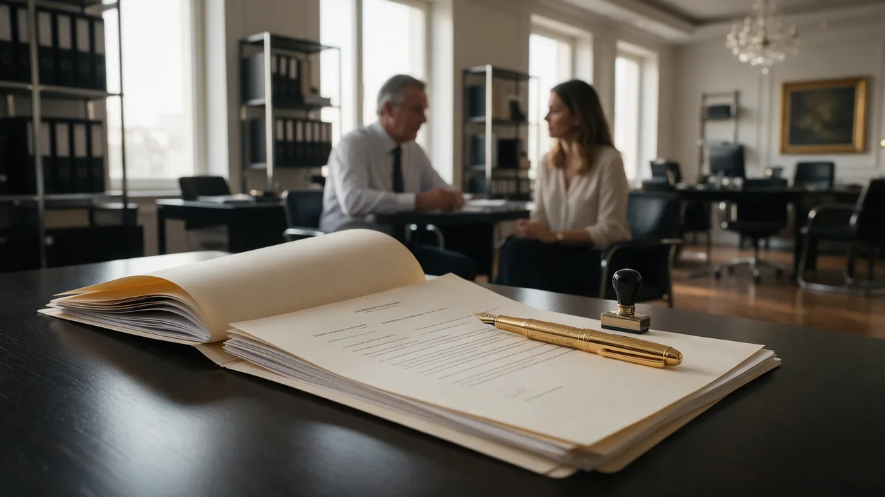 Acordo de sócios de holding familiar sobre a mesa, com duas gerações da família ao fundo · Contabilidade Dalagnese Acordo de sócios de holding familiar sobre a mesa, com duas gerações da família ao fundo · Contabilidade Dalagnese
