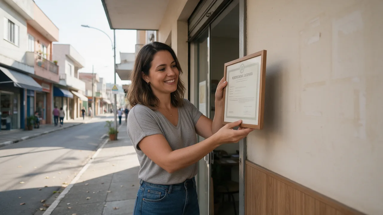 Empresária fixando o alvará de funcionamento na parede da loja em Jaraguá do Sul · Contabilidade Dalagnese Empresária fixando o alvará de funcionamento na parede da loja em Jaraguá do Sul · Contabilidade Dalagnese