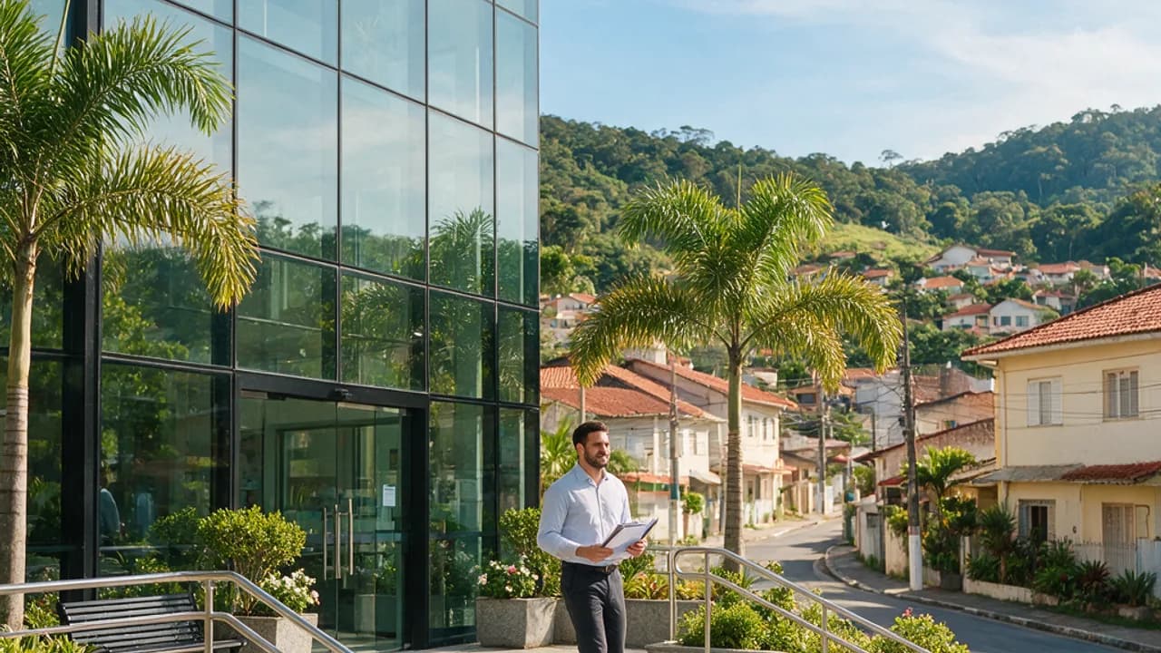 Empreendedor saindo do prédio da Prefeitura com a pasta de documentos da abertura, morros e casas de Jaraguá do Sul ao fundo · abrir empresa em Jaraguá do Sul · Contabilidade Dalagnese Empreendedor saindo do prédio da Prefeitura com a pasta de documentos da abertura, morros e casas de Jaraguá do Sul ao fundo · abrir empresa em Jaraguá do Sul · Contabilidade Dalagnese