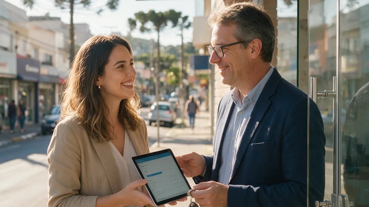 Empreendedora e contador na porta de um comércio novo em Santa Catarina, tablet com o formulário da Redesim e chaves na mão · como abrir empresa em SC · Contabilidade Dalagnese Empreendedora e contador na porta de um comércio novo em Santa Catarina, tablet com o formulário da Redesim e chaves na mão · como abrir empresa em SC · Contabilidade Dalagnese