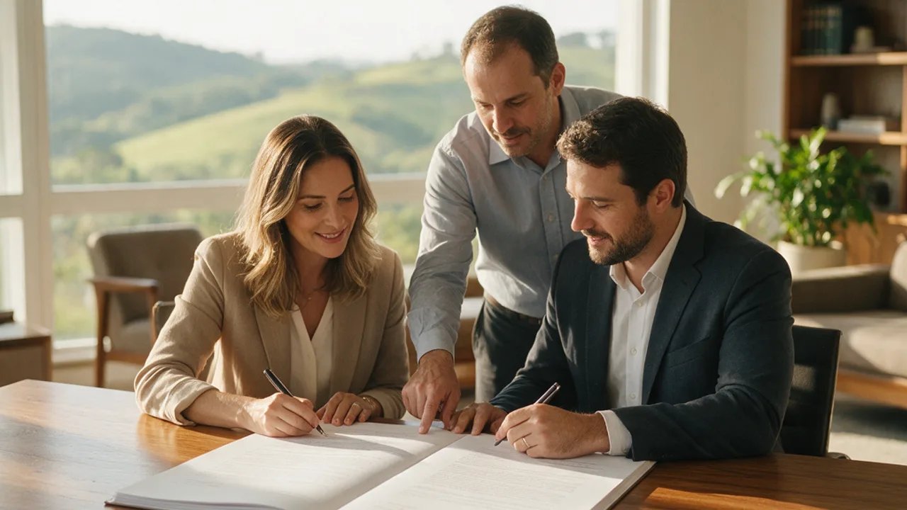 Dois sócios assinando o contrato social com o contador ao lado apontando uma cláusula · como abrir uma LTDA em SC · Contabilidade Dalagnese Jaraguá do Sul Dois sócios assinando o contrato social com o contador ao lado apontando uma cláusula · como abrir uma LTDA em SC · Contabilidade Dalagnese Jaraguá do Sul