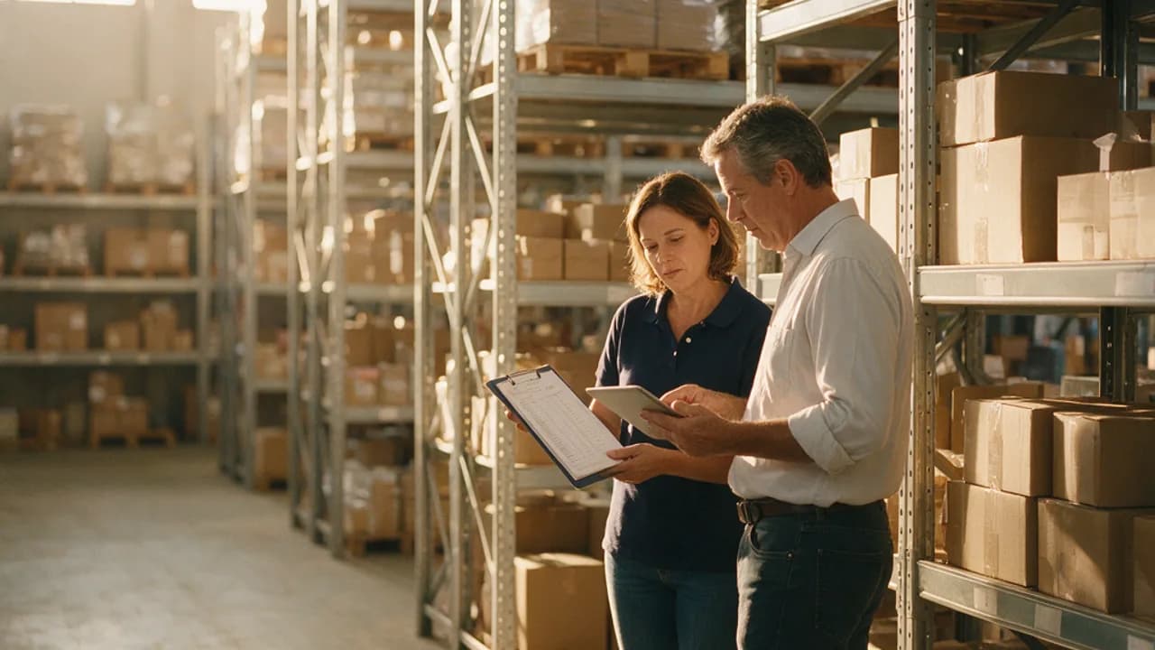 Gestora de estoque e contador conferindo o inventário entre as prateleiras de um depósito · crédito presumido do estoque de abertura da CBS · Contabilidade Dalagnese Jaraguá do Sul Gestora de estoque e contador conferindo o inventário entre as prateleiras de um depósito · crédito presumido do estoque de abertura da CBS · Contabilidade Dalagnese Jaraguá do Sul