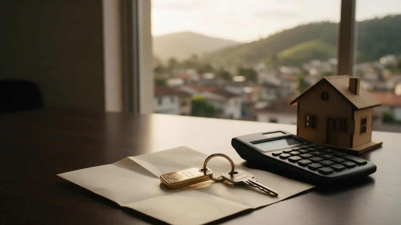 Chaves com chaveiro dourado sobre uma escritura, calculadora e maquete de casa, custo de abrir holding em SC · Contabilidade Dalagnese Chaves com chaveiro dourado sobre uma escritura, calculadora e maquete de casa, custo de abrir holding em SC · Contabilidade Dalagnese