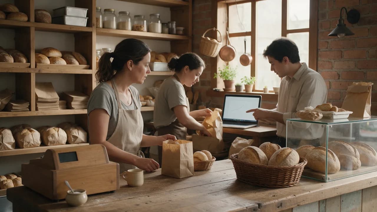 Dona de uma padaria artesanal conferindo o gráfico de vendas com o contador atrás do balcão, com a funcionária embalando pães ao lado · desenquadramento do MEI para ME · Contabilidade Dalagnese Jaraguá do Sul Dona de uma padaria artesanal conferindo o gráfico de vendas com o contador atrás do balcão, com a funcionária embalando pães ao lado · desenquadramento do MEI para ME · Contabilidade Dalagnese Jaraguá do Sul