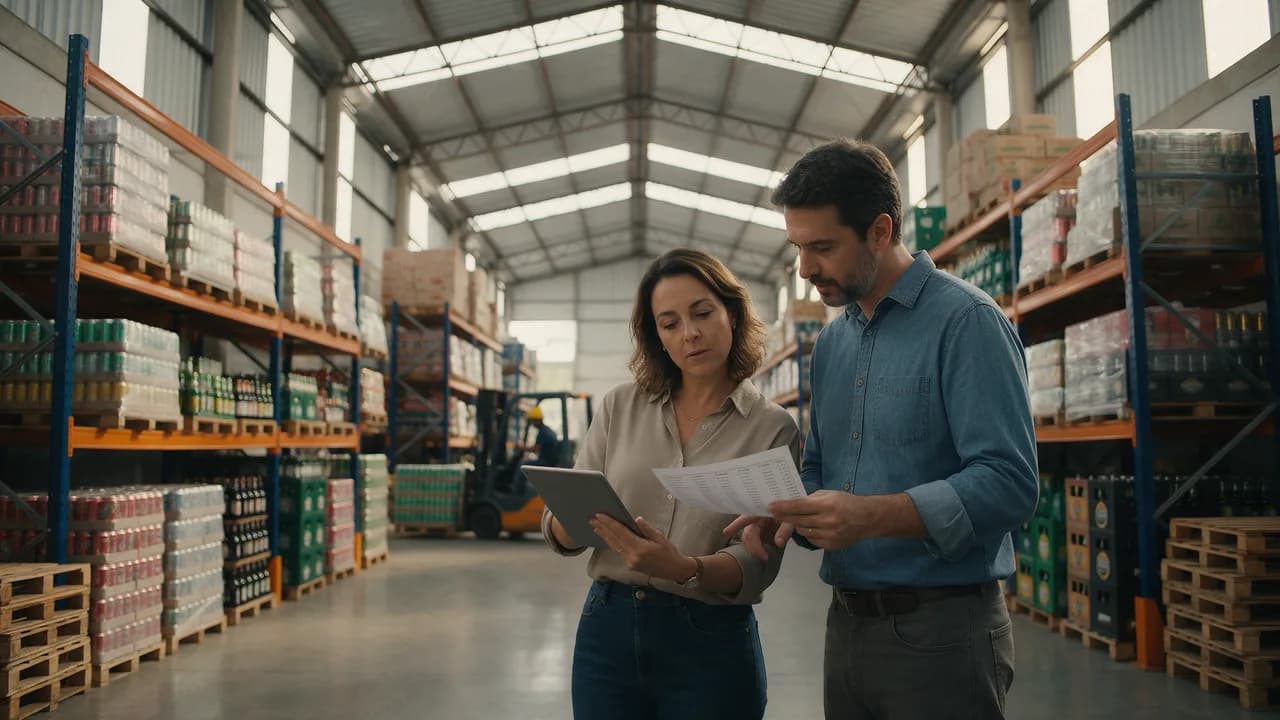 Dona de uma distribuidora de bebidas e o contador conferindo a lista de preços entre os paletes de latas e engradados do depósito · Imposto Seletivo em 2027 · Contabilidade Dalagnese Jaraguá do Sul Dona de uma distribuidora de bebidas e o contador conferindo a lista de preços entre os paletes de latas e engradados do depósito · Imposto Seletivo em 2027 · Contabilidade Dalagnese Jaraguá do Sul
