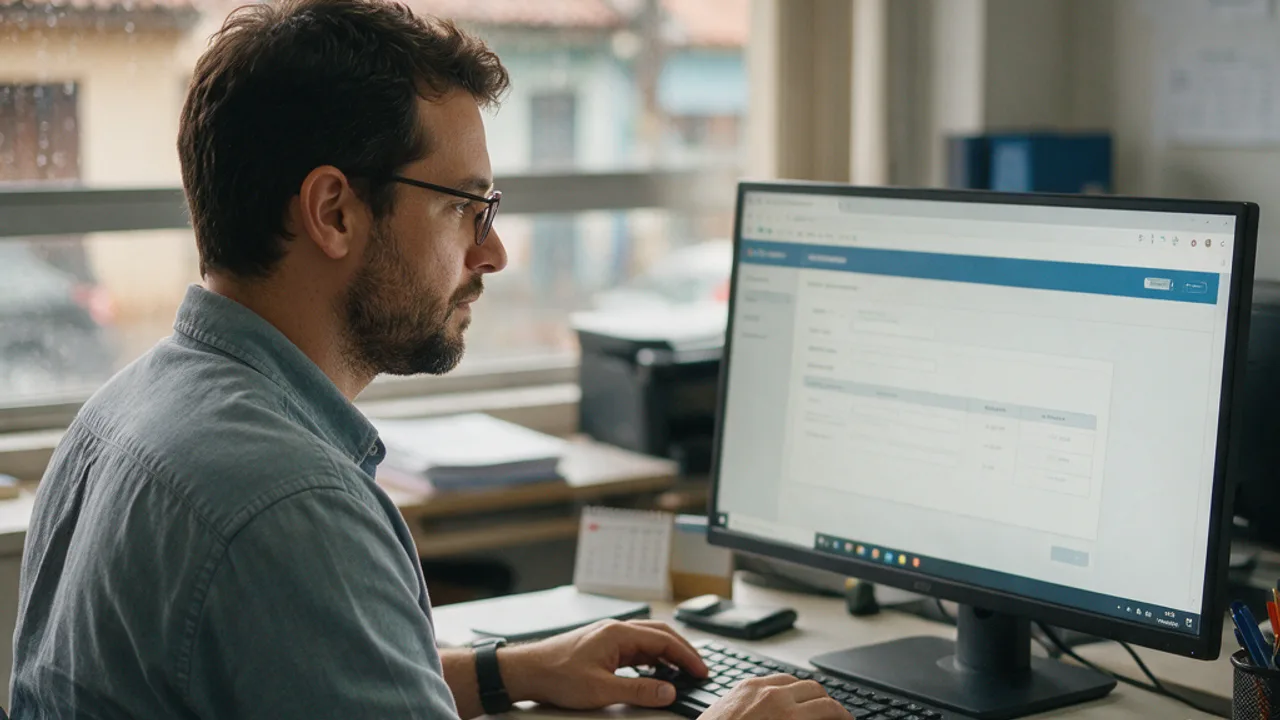 Prestador de serviços emitindo NFS-e Nacional no computador, com o formulário do emissor na tela · NFS-e Nacional com IBS e CBS · Contabilidade Dalagnese Prestador de serviços emitindo NFS-e Nacional no computador, com o formulário do emissor na tela · NFS-e Nacional com IBS e CBS · Contabilidade Dalagnese
