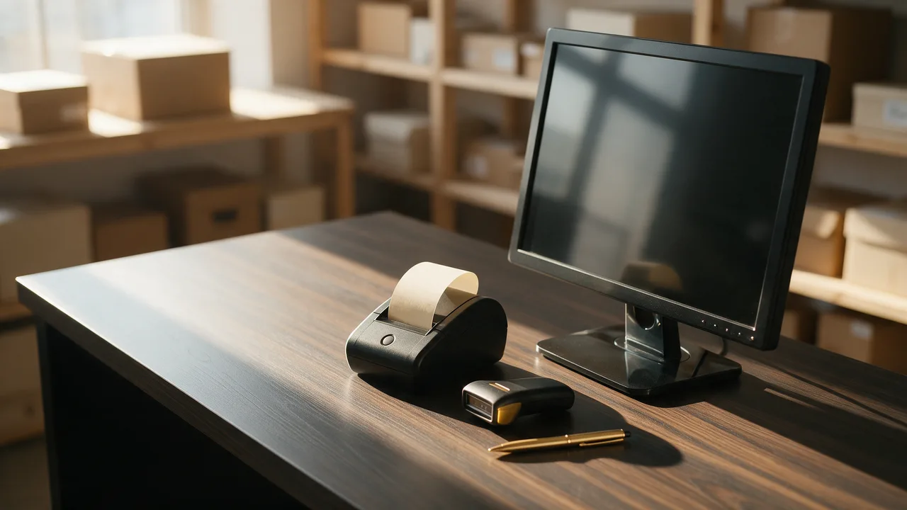 Impressora de cupom, leitor de código de barras e monitor no balcão de uma empresa, nota fiscal com IBS e CBS · Contabilidade Dalagnese Impressora de cupom, leitor de código de barras e monitor no balcão de uma empresa, nota fiscal com IBS e CBS · Contabilidade Dalagnese
