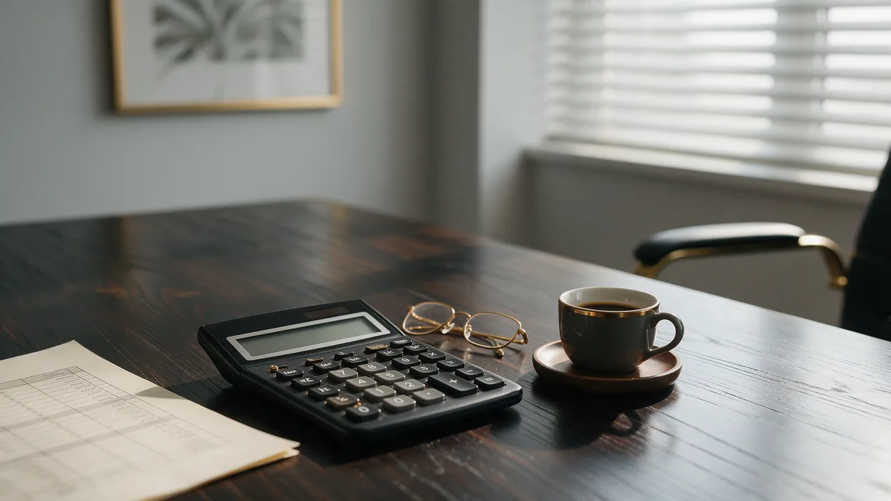 Calculadora, planilha impressa e óculos sobre a mesa de reunião, planejamento tributário pós-reforma · Contabilidade Dalagnese Calculadora, planilha impressa e óculos sobre a mesa de reunião, planejamento tributário pós-reforma · Contabilidade Dalagnese