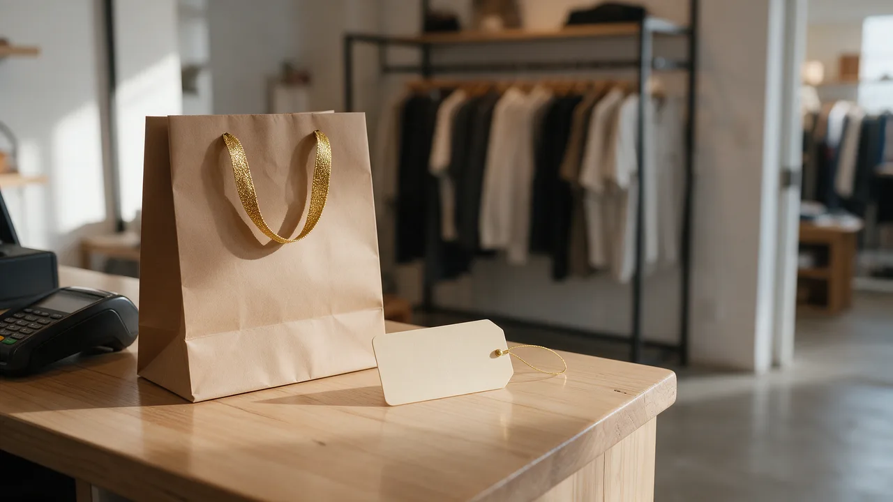 Sacola de papel com alça dourada, etiqueta e maquininha no balcão de uma loja, reforma tributária no comércio varejista · Contabilidade Dalagnese Sacola de papel com alça dourada, etiqueta e maquininha no balcão de uma loja, reforma tributária no comércio varejista · Contabilidade Dalagnese