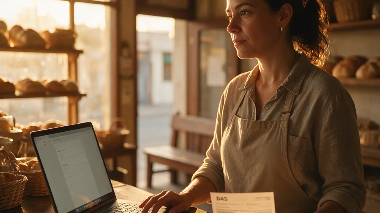 Empresária no balcão da padaria com o notebook aberto no Portal do Simples Nacional, decidindo a opção de setembro de 2026 · opção pelo Simples Nacional · Contabilidade Dalagnese Empresária no balcão da padaria com o notebook aberto no Portal do Simples Nacional, decidindo a opção de setembro de 2026 · opção pelo Simples Nacional · Contabilidade Dalagnese